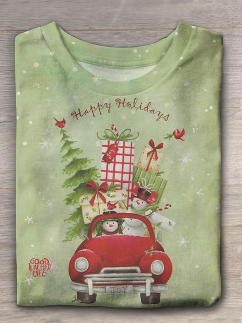 Old Red Truck Snowmen Present Crew Neck T-shirt