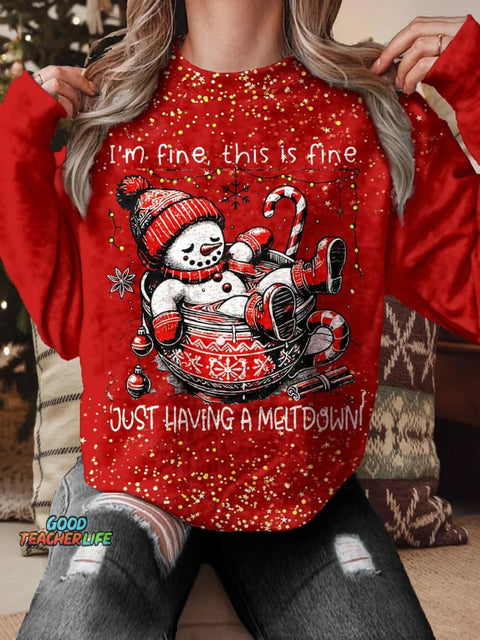 Women's Christmas Hot Cocoa Snowman Printed Long Sleeve Casual Top