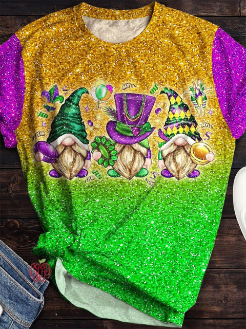 Women's Retro Mardi Gras Gnome Print Crew Neck T-shirt