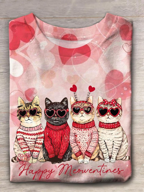 Women's Valentine Cat Crew Neck T-shirt