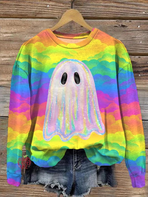 Women's Color Waves And Cute Ghosts Crew Neck Casual Sweatshirt