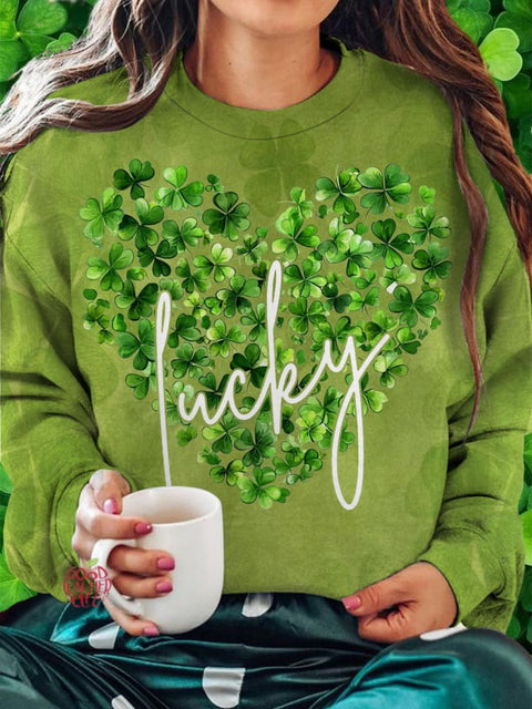 Lucky Shamrock Heart Clover Printed Long Sleeve Casual Top