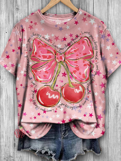 Valentine's Day Cute Bow Cherry Star Print Casual T-shirt