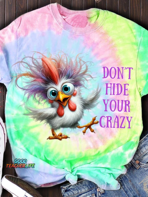 Tie Dye Funny Chicken Print Casual T-Shirt
