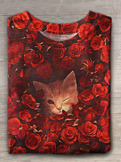 Women's Valentine's Day Rose Kitten Print Crew Neck T-shirt