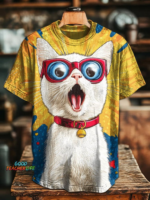 Retro Fashion Graffiti Cute Cat Art Print Casual T-Shirt