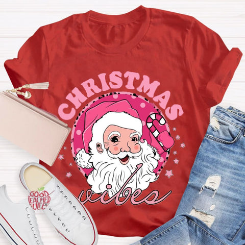 Christmas Vibes Pink Santa Claus T-Shirt