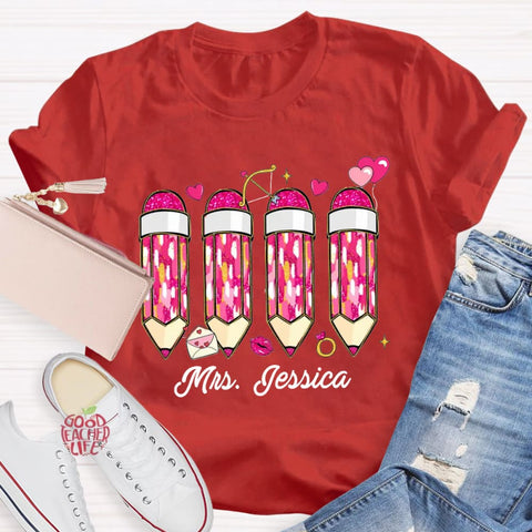 Personalized Name Pink Pencil Teacher T-Shirt