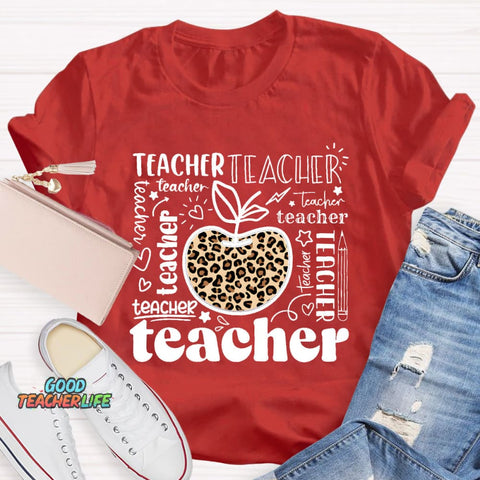 Teacher Various Fonts Various Fonts Leopard Apple T-Shirt