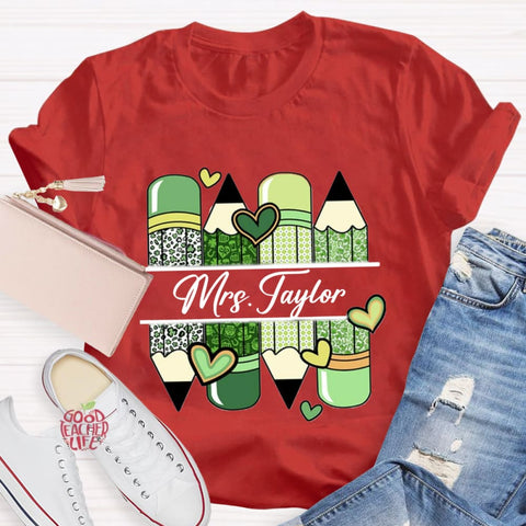 Personalized Name Green Heart Pencil Teacher T-Shirt