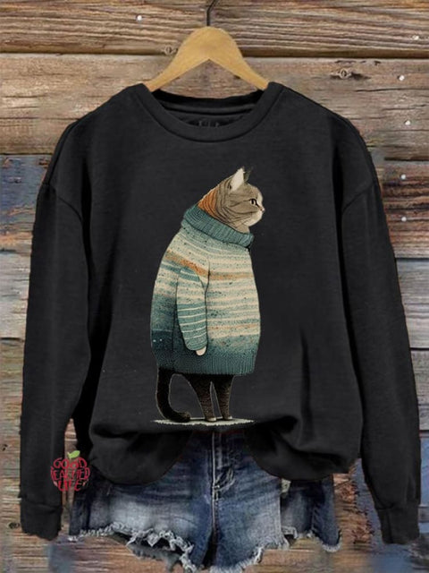 Women's Winter Cat Print Crew Neck Sweatshirt