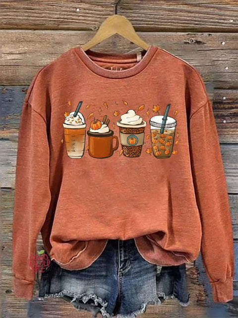 Eagerlys Thanksgiving Autumn Pumpkin Coffee Art Print Casual Sweatshirt