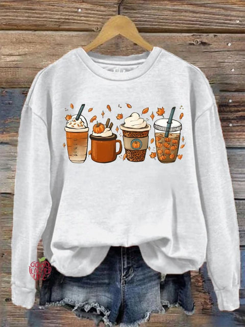 Eagerlys Thanksgiving Autumn Pumpkin Coffee Art Print Casual Sweatshirt