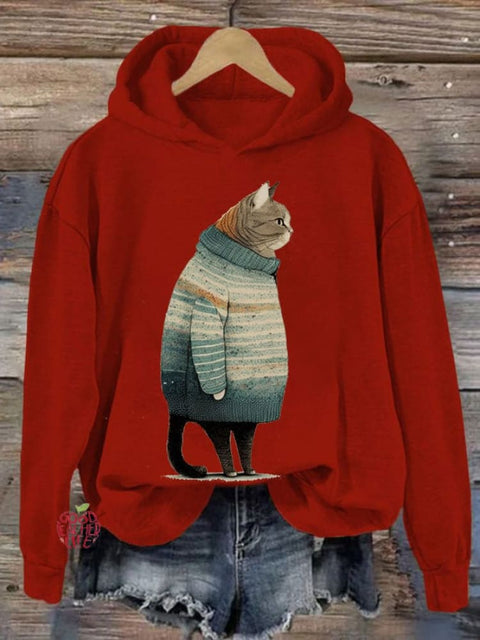 Women's Winter Cat Print Casual Hooded Sweatshirt