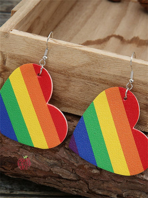 Rainbow  Stripe Heart Leather Earrings