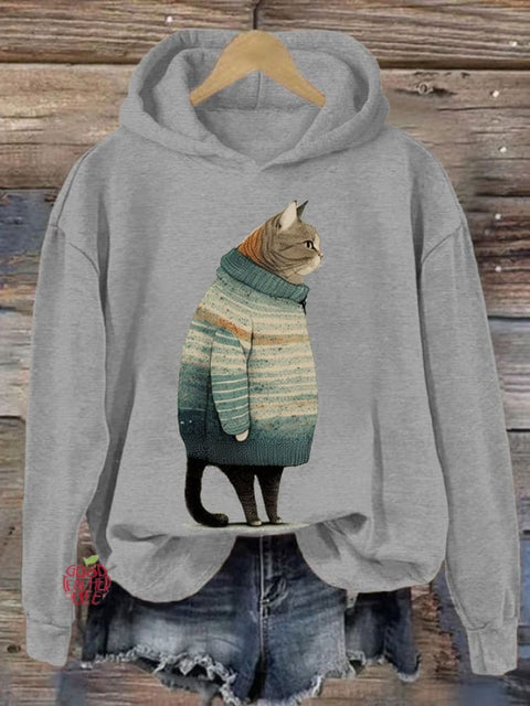 Women's Winter Cat Print Casual Hooded Sweatshirt