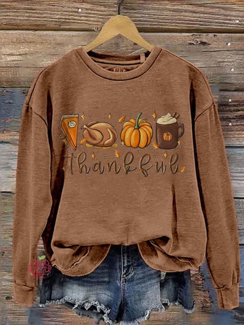 Eagerlys Thanksgiving Halloween Cute Thankful Turkey Pumpkin Pie Coffee Art Print Casual Sweatshirt