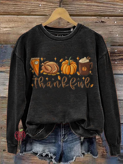 Eagerlys Thanksgiving Halloween Cute Thankful Turkey Pumpkin Pie Coffee Art Print Casual Sweatshirt