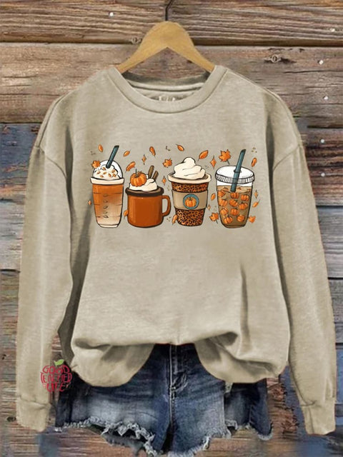 Eagerlys Thanksgiving Autumn Pumpkin Coffee Art Print Casual Sweatshirt