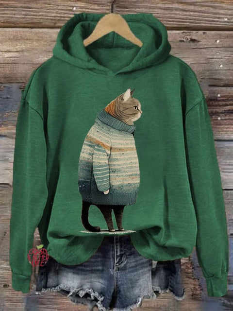 Women's Winter Cat Print Casual Hooded Sweatshirt