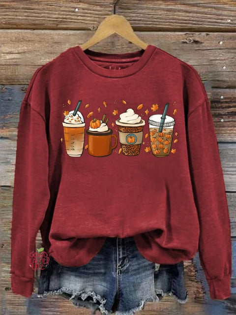 Eagerlys Thanksgiving Autumn Pumpkin Coffee Art Print Casual Sweatshirt