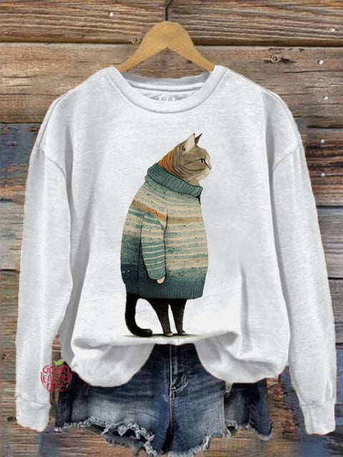 Women's Winter Cat Print Crew Neck Sweatshirt