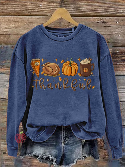 Eagerlys Thanksgiving Halloween Cute Thankful Turkey Pumpkin Pie Coffee Art Print Casual Sweatshirt