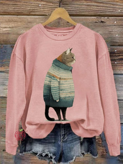 Women's Winter Cat Print Crew Neck Sweatshirt