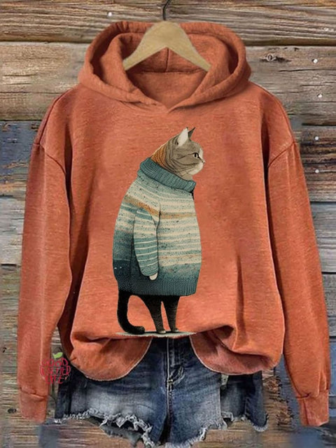 Women's Winter Cat Print Casual Hooded Sweatshirt