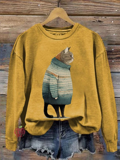 Women's Winter Cat Print Crew Neck Sweatshirt