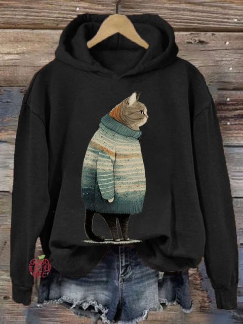 Women's Winter Cat Print Casual Hooded Sweatshirt