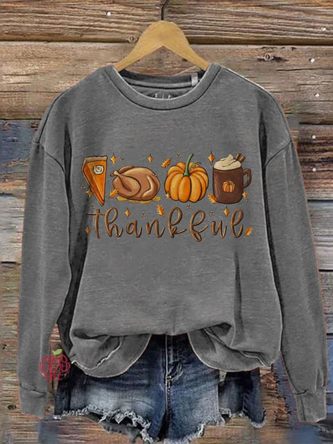 Eagerlys Thanksgiving Halloween Cute Thankful Turkey Pumpkin Pie Coffee Art Print Casual Sweatshirt