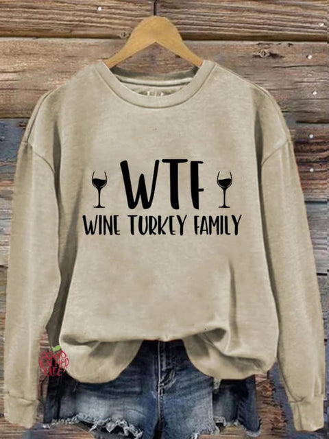 Women's WTF Wine Turkey Family Print Casual Sweatshirt