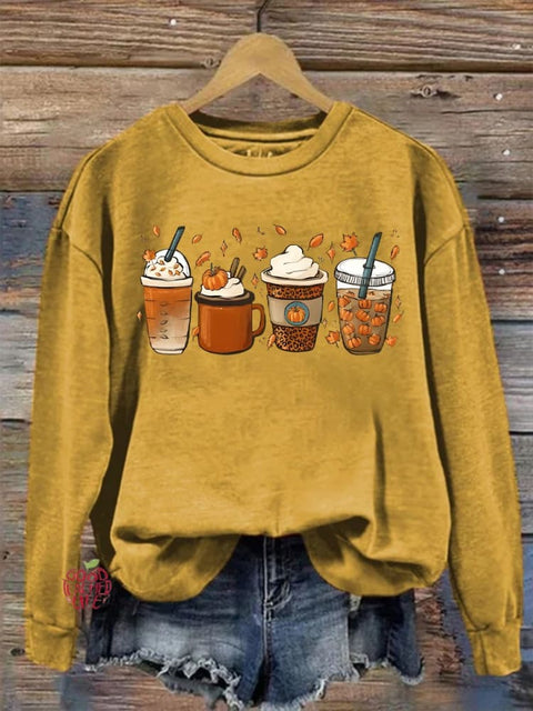 Eagerlys Thanksgiving Autumn Pumpkin Coffee Art Print Casual Sweatshirt