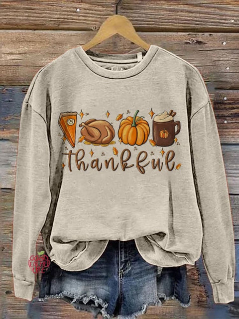 Eagerlys Thanksgiving Halloween Cute Thankful Turkey Pumpkin Pie Coffee Art Print Casual Sweatshirt