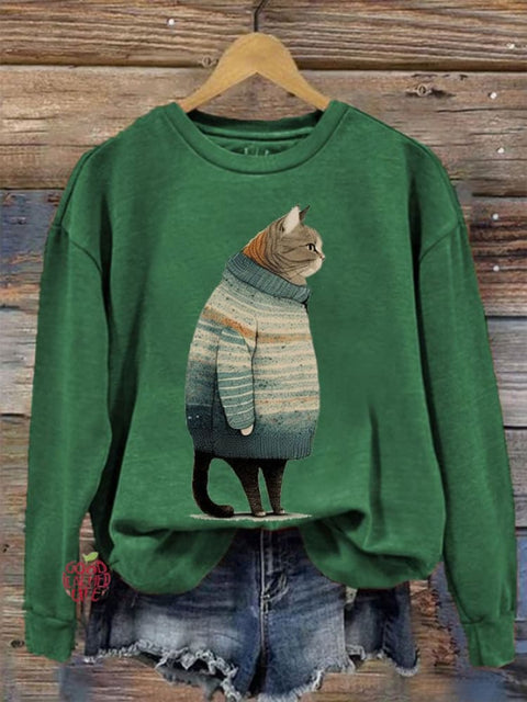 Women's Winter Cat Print Crew Neck Sweatshirt