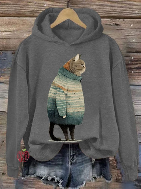 Women's Winter Cat Print Casual Hooded Sweatshirt