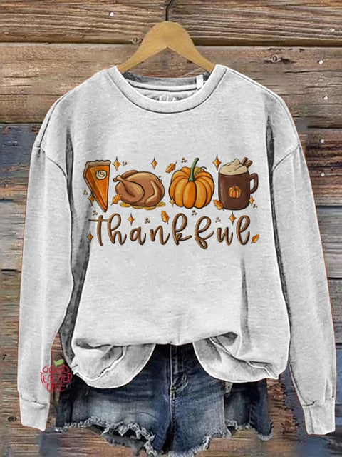 Eagerlys Thanksgiving Halloween Cute Thankful Turkey Pumpkin Pie Coffee Art Print Casual Sweatshirt