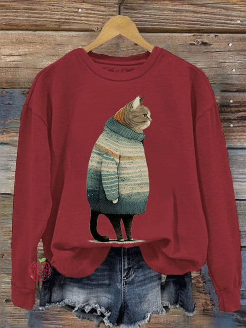 Women's Winter Cat Print Crew Neck Sweatshirt