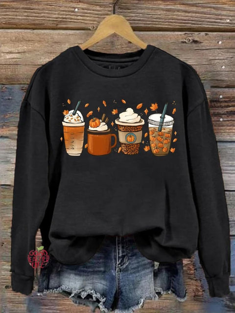 Eagerlys Thanksgiving Autumn Pumpkin Coffee Art Print Casual Sweatshirt