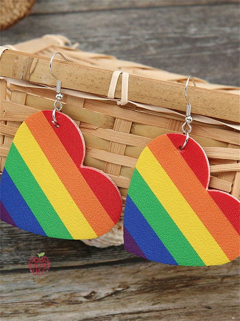 Rainbow  Stripe Heart Leather Earrings