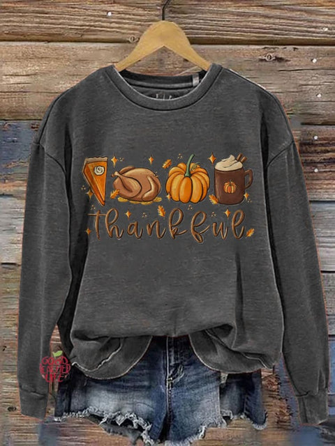 Eagerlys Thanksgiving Halloween Cute Thankful Turkey Pumpkin Pie Coffee Art Print Casual Sweatshirt