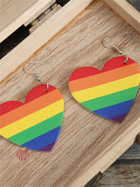 Rainbow  Stripe Heart Leather Earrings