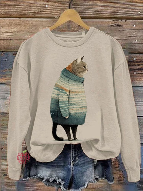 Women's Winter Cat Print Crew Neck Sweatshirt