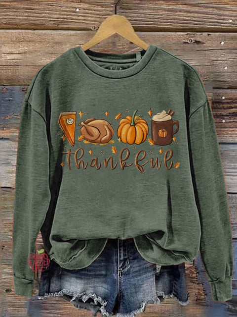 Eagerlys Thanksgiving Halloween Cute Thankful Turkey Pumpkin Pie Coffee Art Print Casual Sweatshirt