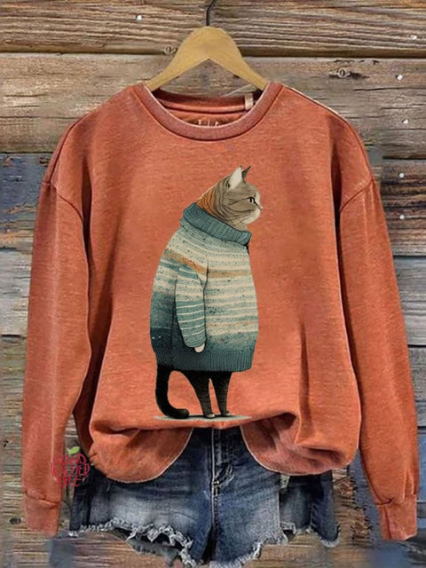 Women's Winter Cat Print Crew Neck Sweatshirt