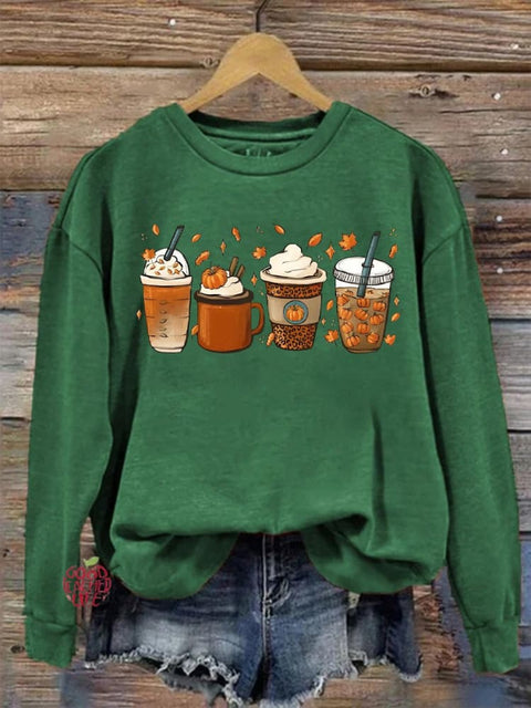 Eagerlys Thanksgiving Autumn Pumpkin Coffee Art Print Casual Sweatshirt