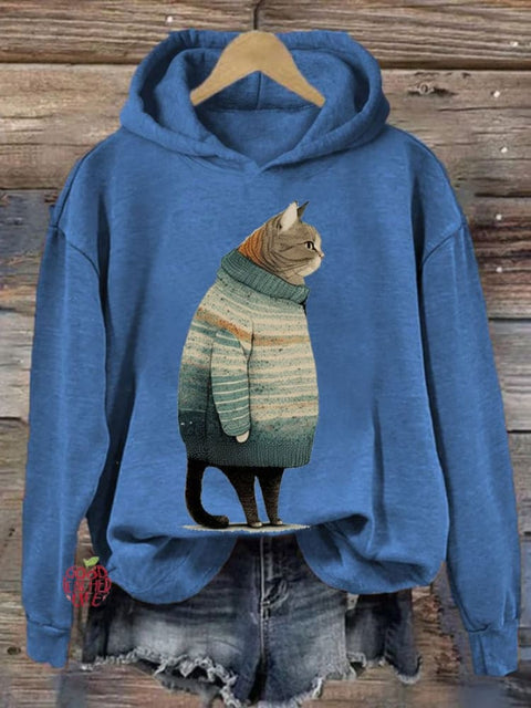 Women's Winter Cat Print Casual Hooded Sweatshirt