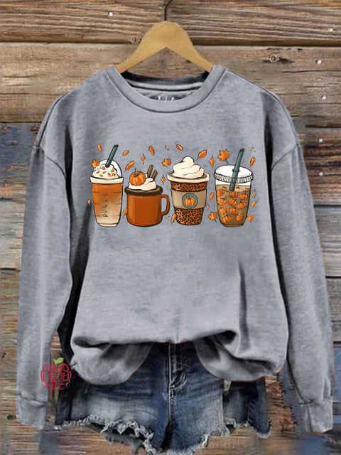 Eagerlys Thanksgiving Autumn Pumpkin Coffee Art Print Casual Sweatshirt